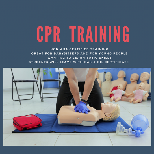 CPR Training in red text. Person in blue gloves performing CPR on mannequin