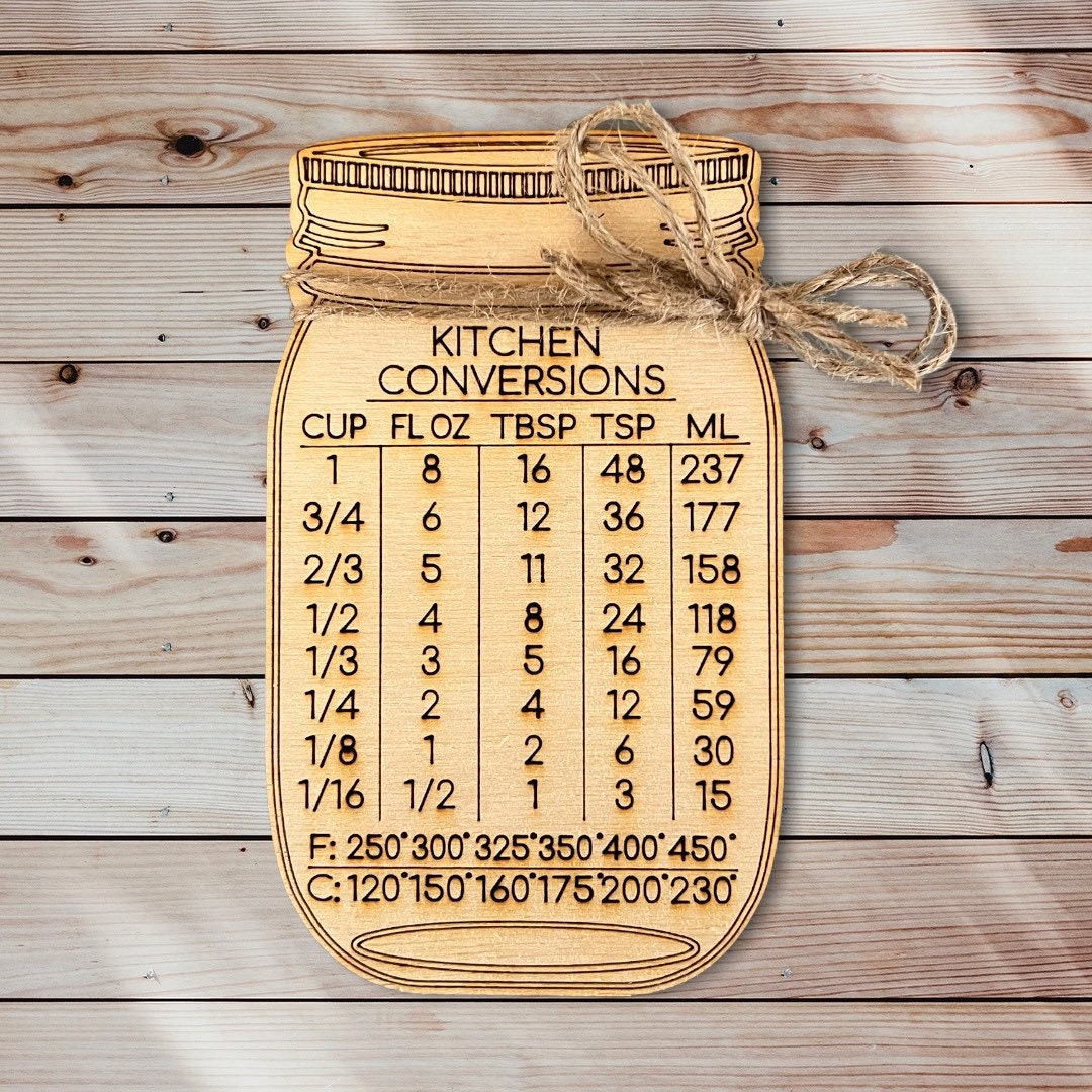 Kitchen measurement conversions sign - faux mason jar - kitchen decor, kitchen gift - bakers gift - cooking gift, laser cut wood